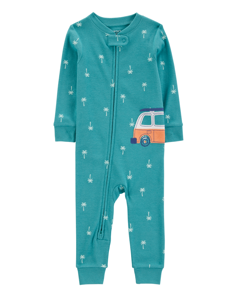 Baby Boy Car Palm Tree Snug Fit Cotton Footless 1-Piece Pajamas - Turquoise, image 1 of 4 slides
