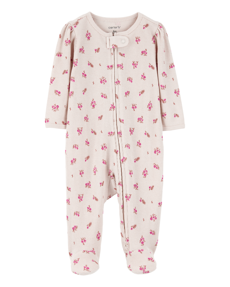 Baby Floral 2-Way Zip Waffle Knit Sleep & Play Pajamas - Khaki, image 1 of 3 slides