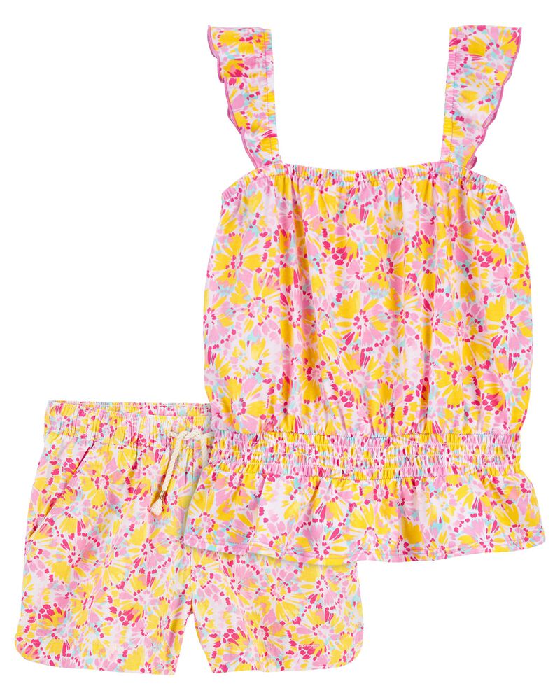 Kid 2-Piece Floral Print Ruffle Tank & Linen Shorts Set
, image 1 of 4 slides