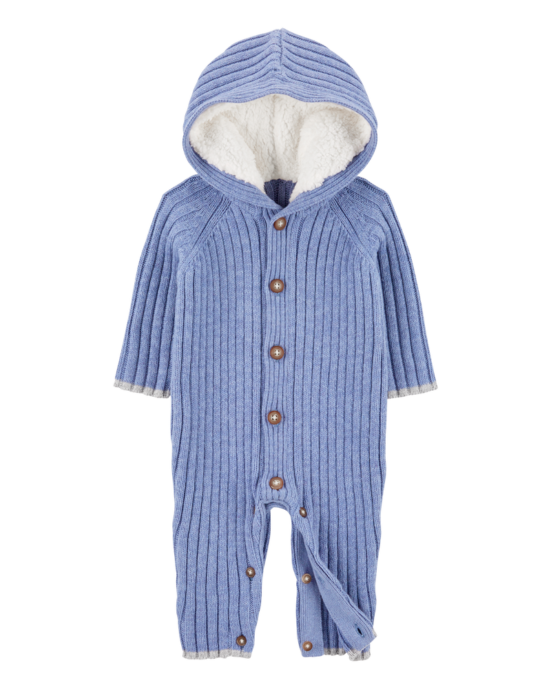 Baby Ribbed Sweater Knit Button-Front Jumpsuit - Blue, image 2 of 4 slides
