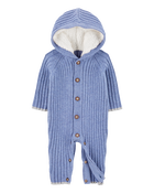 Baby Ribbed Sweater Knit Button-Front Jumpsuit - Blue, image 2 of 4 slides
