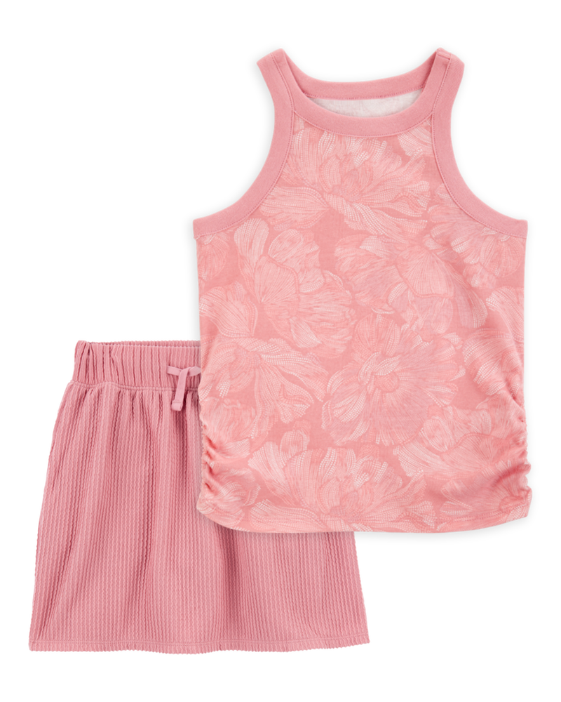 Kid 2-Piece Floral Ribbed Tank Top & Textured Drawstring Skort Set - Pink, image 1 of 6 slides