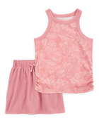 Kid 2-Piece Floral Ribbed Tank Top & Textured Drawstring Skort Set - Pink, image 1 of 6 slides