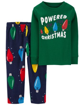 Toddler 2-Piece Christmas Lights Cotton & Fuzzy Pajamas, 