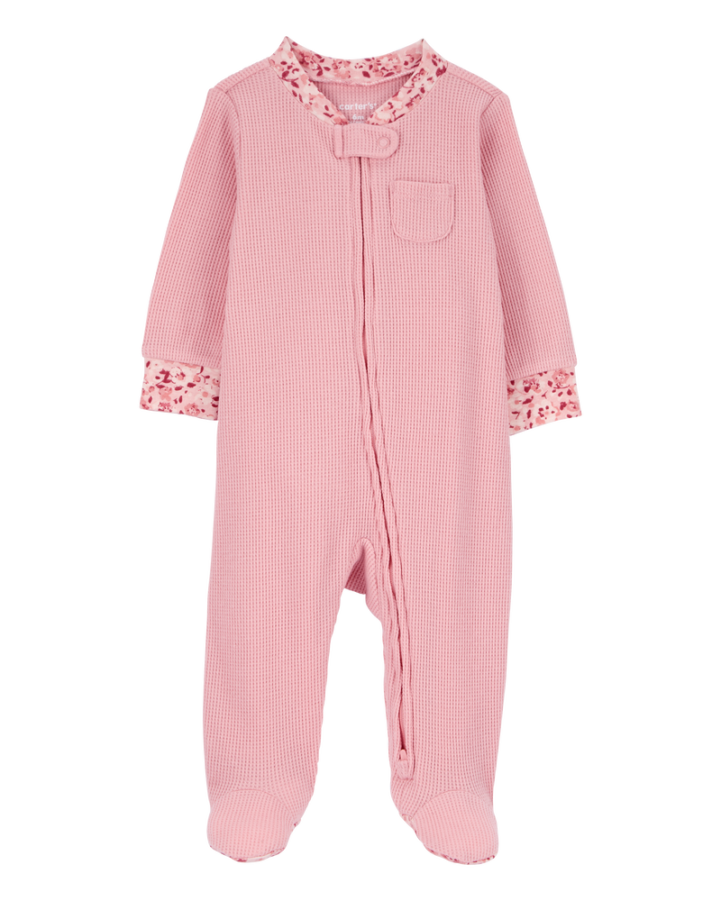 Baby Floral 2-Way Zip Waffle Knit Sleep & Play Pajamas - Pink, image 1 of 4 slides