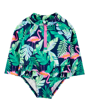 Baby Girl 1-Piece Tropical Flamingo Long-Sleeve Rashguard Swimsuit, 