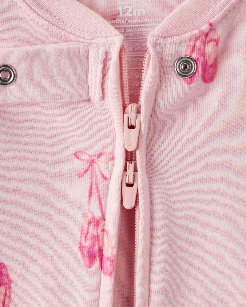 Toddler Girl Ballet 100% Cotton 2-Way Zip 1-Piece Pajamas, image 2 of 4 slides