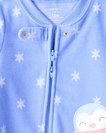 Toddler Girl Penguin Fleece Long-Sleeve Loose Fit 1-Piece Pajamas - Blue, 
