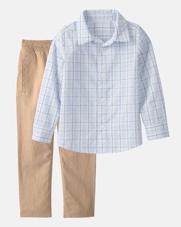 Boys 2-Piece Button-Down Shirt & Pant Set - Blue/Brown, 