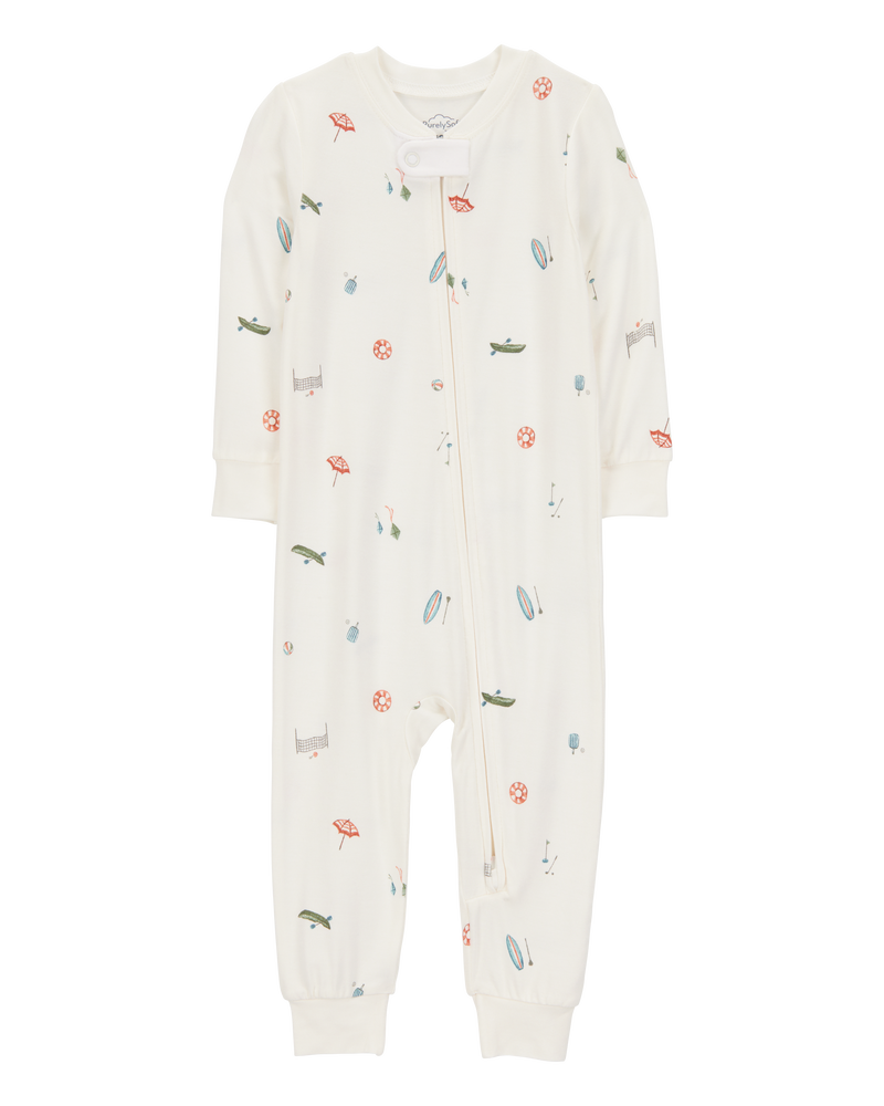 Baby Camp Print Zip-Up PurelySoft Footless 1-Piece Pajamas - Ivory, image 1 of 5 slides