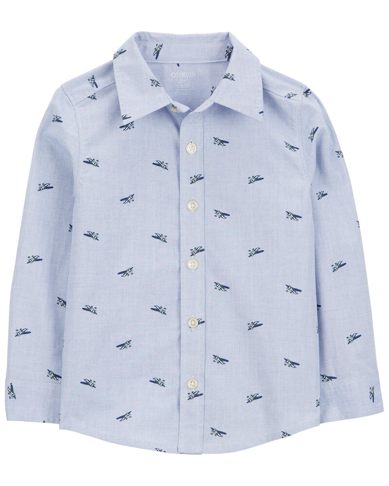 Airplane Print Cotton Long-Sleeve Button Down Shirt, image 1 of 3 slides