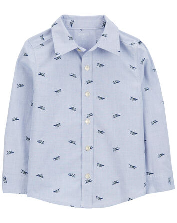 Airplane Print Cotton Long-Sleeve Button Down Shirt, 