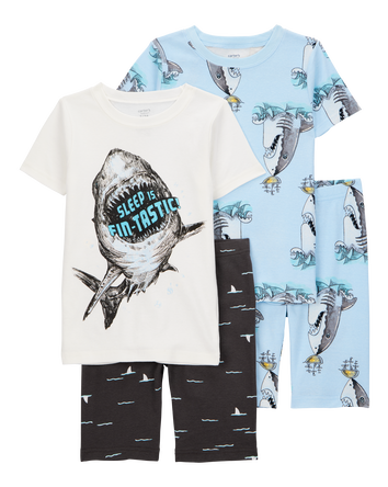 Kid Shark Print Snug Fit 4-Piece Pajamas, 