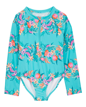 Kid 1-Piece Floral Print Rashguard Swimsuit - Turquoise, 