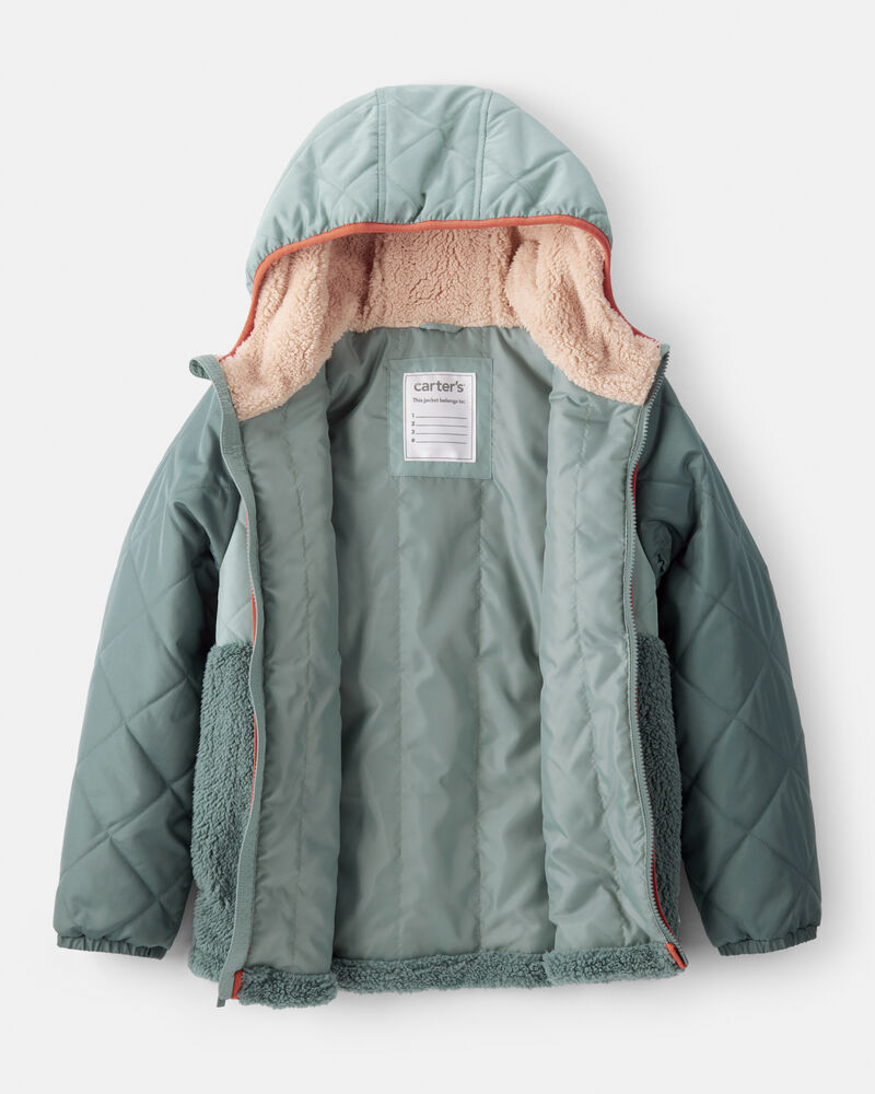 Boys Long-Sleeve Midweight Quilted Sherpa Jacket - Green, image 2 of 3 slides