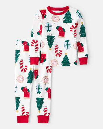 Baby Santa Print 100% Cotton Long-Sleeve 2-Piece Pajamas - White, 