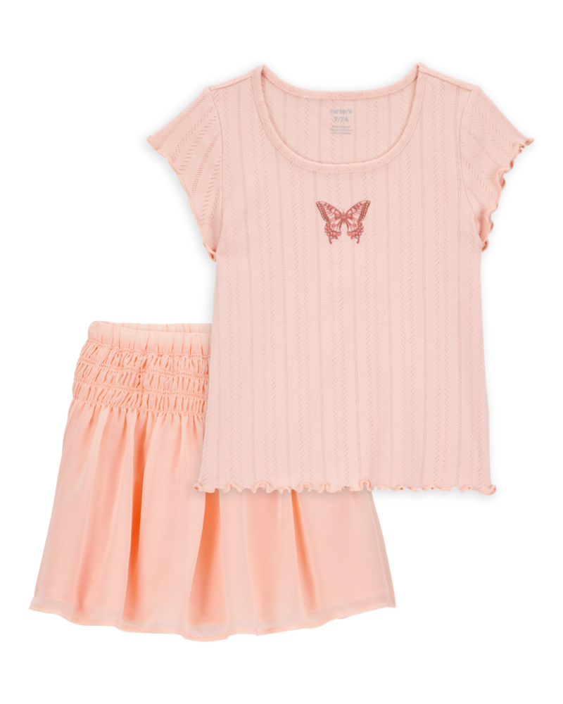 Kid 2-Piece Butterfly Pointelle Tee & Chiffon Skirt Set - Pink, image 1 of 5 slides