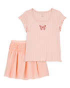 Kid 2-Piece Butterfly Pointelle Tee & Chiffon Skirt Set - Pink, image 1 of 5 slides