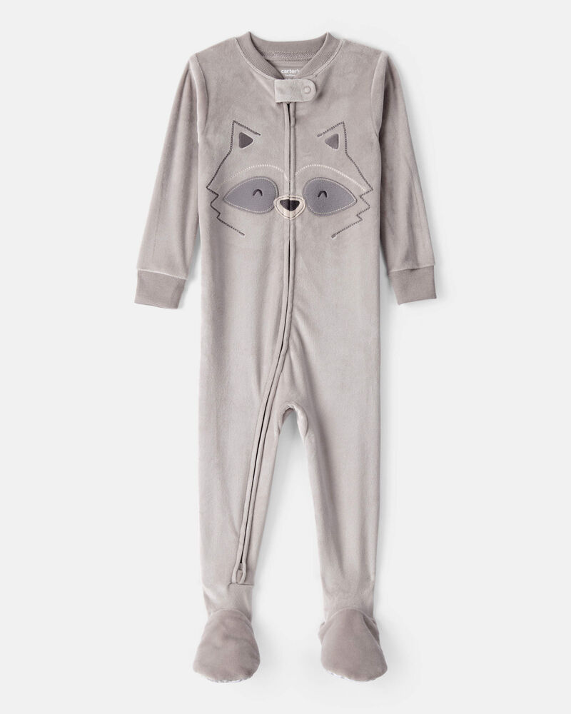Baby Boy Raccoon Velour Long-Sleeve Loose Fit 1-Piece Pajamas - Grey, image 1 of 4 slides