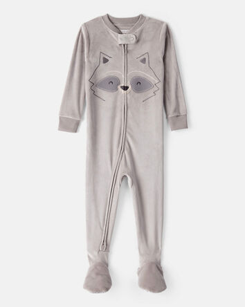 Baby Boy Raccoon Velour Long-Sleeve Loose Fit 1-Piece Pajamas - Grey, 