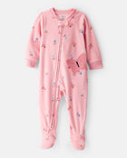 Toddler Girl Butterfly & Floral Print Loose Fit Long-Sleeve 2-Way Zip 1-Piece Pajamas - Pink, image 1 of 4 slides