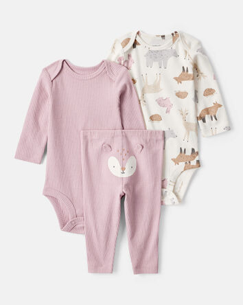 Baby Girl 3-Piece Woodland Creatures Long-Sleeve Bodysuits & Pant Set - Pink/White, 