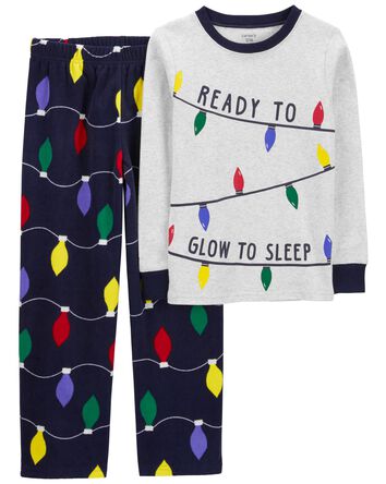 Kid 2-Piece Christmas Lights Cotton Blend & Fleece Pajamas, 