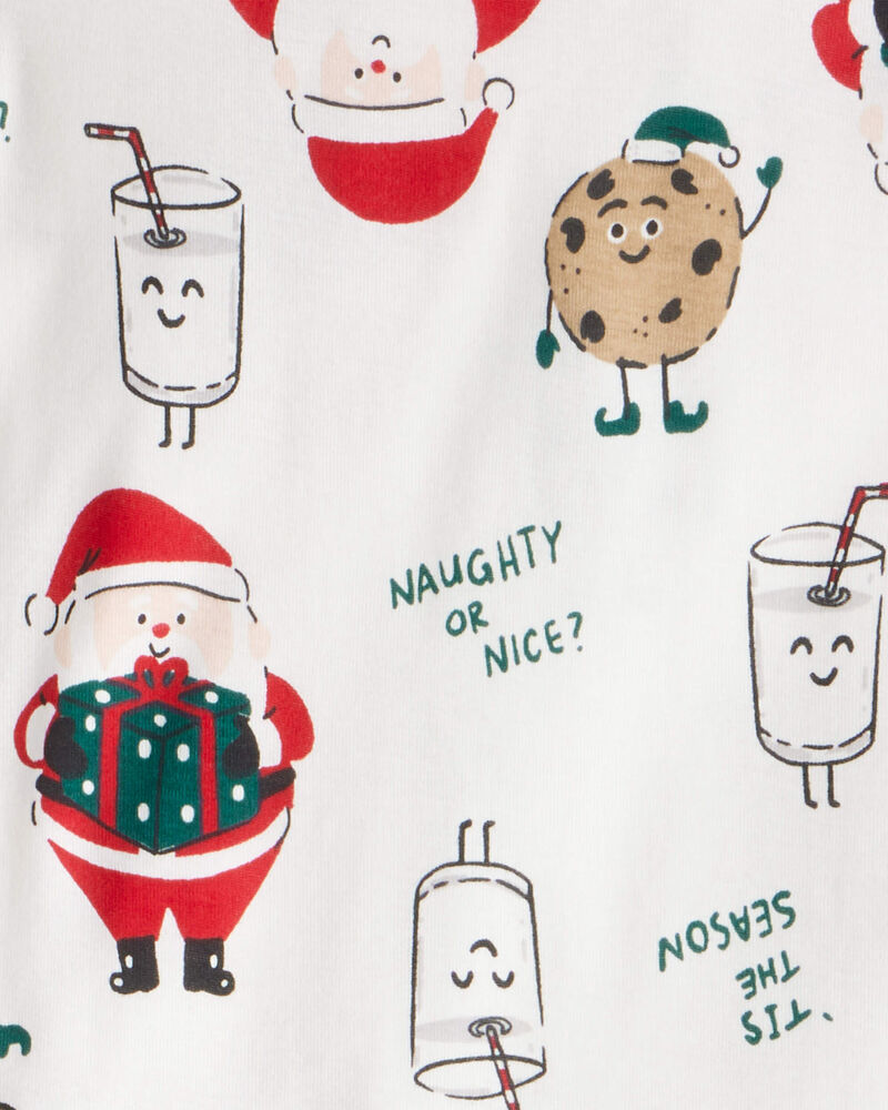 Kid Christmas Santa Print 100% Cotton Long-Sleeve Snug Fit 2-Piece Pajamas - White, image 2 of 3 slides