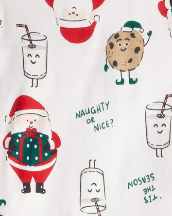 Kid Christmas Santa Print 100% Cotton Long-Sleeve Snug Fit 2-Piece Pajamas - White, 