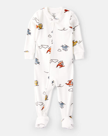 Toddler Boy Helicopter Print Loose Fit Long-Sleeve 2-Way Zip 1-Piece Pajamas - White, 