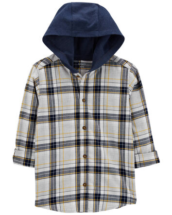 Kid Plaid Hooded Button-Down Shirt, 