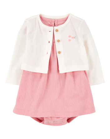 Baby 2-Piece Bodysuit Dress & Cardigan Set - Pink/Ivory, 