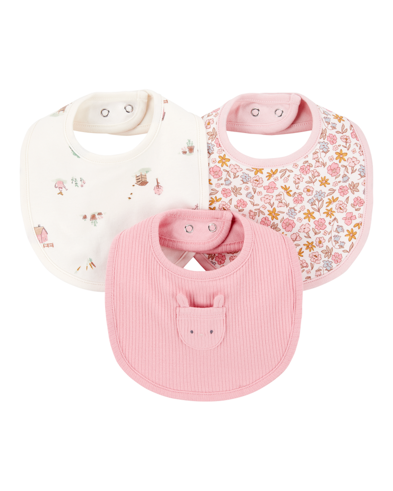 Baby 3-Pack Floral Bibs - Pink/Ivory, image 1 of 4 slides