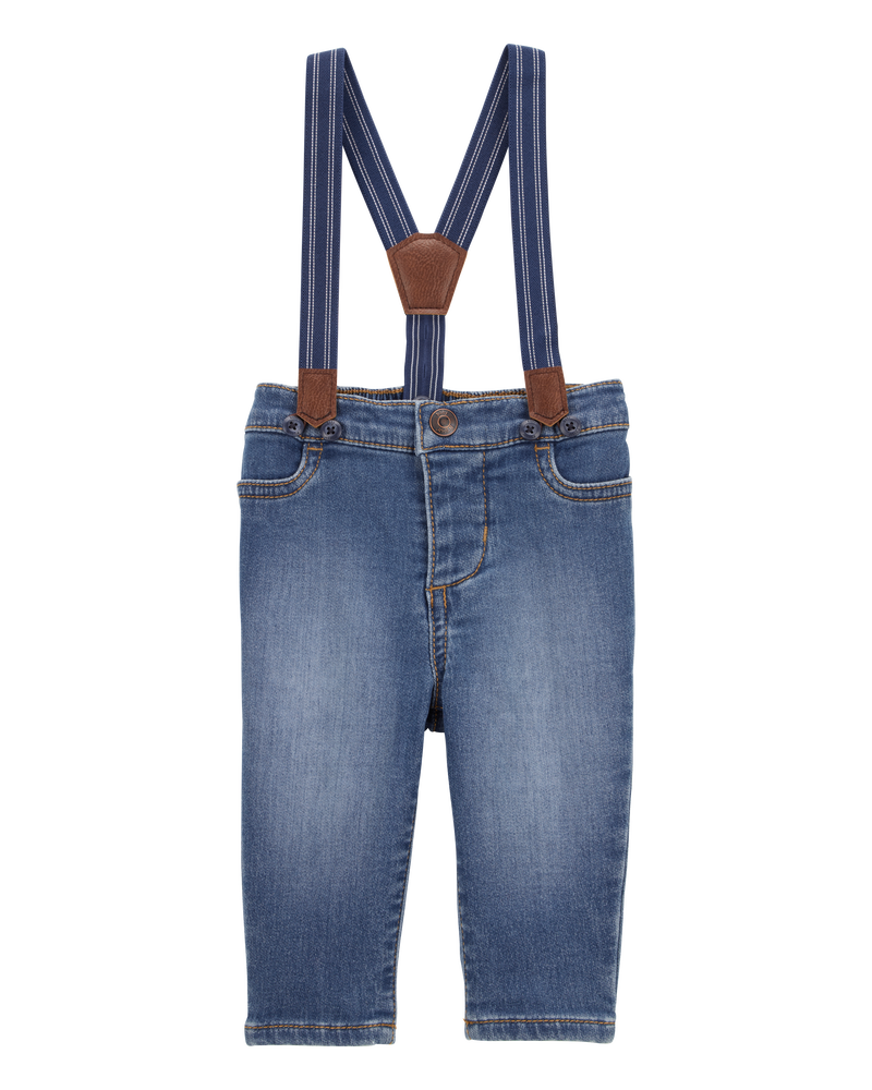 Baby Knit-Denim Suspender Pants - Blue, image 1 of 4 slides