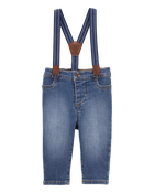 Baby Knit-Denim Suspender Pants - Blue, image 1 of 4 slides