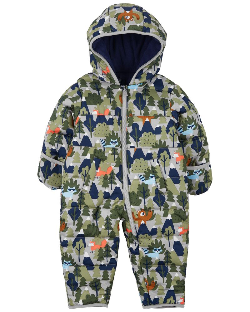 Baby Hooded Woodland Print Snowsuit, image 1 of 3 slides