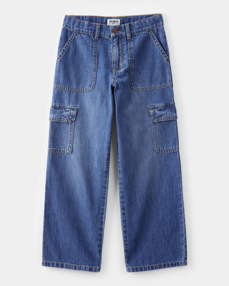 Kid  High Rise Cargo Denim Jeans - Blue Wash, image 1 of 5 slides