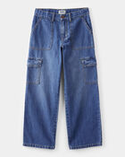 Kid  High Rise Cargo Denim Jeans - Blue Wash, image 1 of 5 slides
