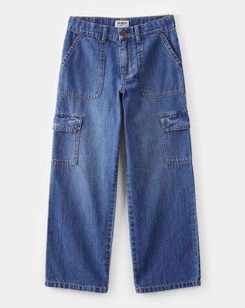Kid  High Rise Cargo Denim Jeans - Blue Wash, 