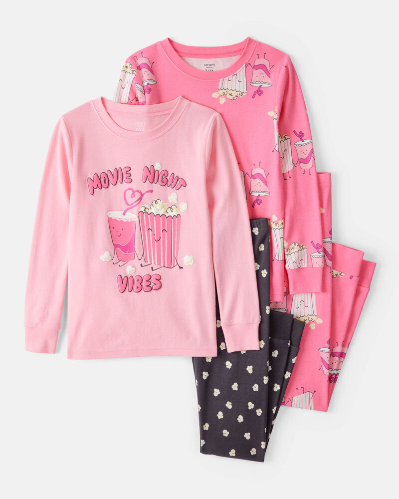 Girls Movie Print 100% Cotton Long-Sleeve 4-Piece Pajamas - Black/Pink, image 1 of 5 slides