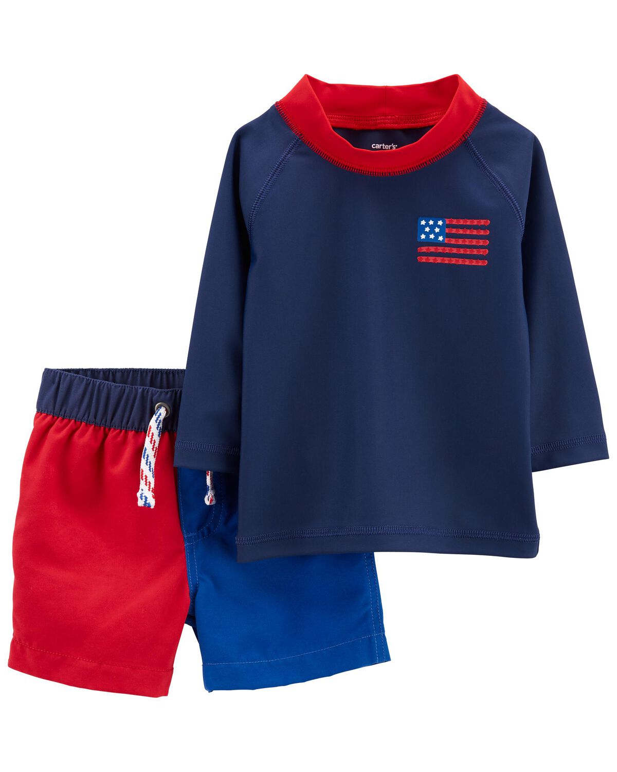 Red/Navy Baby 2Piece American Flag Rashguard & Swim Trunks Set