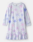 Girls Snowflake Print Fleece Long-Sleeve Loose Fit Night Gown - Blue, image 1 of 3 slides