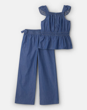 Girls 2-Piece Chambray Top & Pant Set - Dark Wash, 