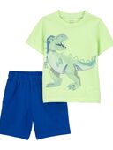 Neon Yellow/Blue - Toddler 2-Piece Dinosaur Tee & Short Set