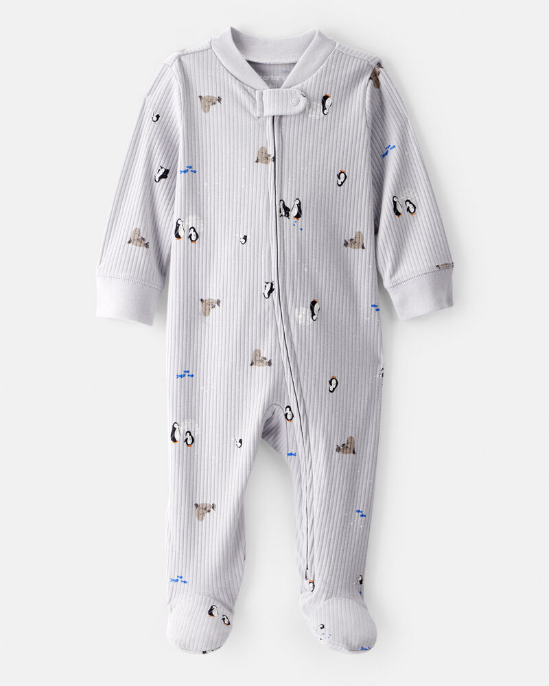 Baby Penguin Print Cotton Long-Sleeve Sleep & Play - Grey, image 1 of 4 slides