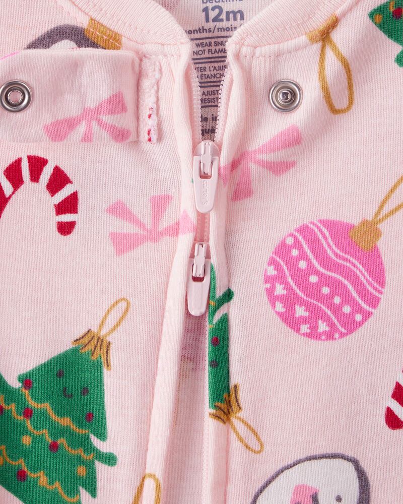 Toddler Girl Christmas Ornament Print 100% Cotton Long-Sleeve 2-Way Zip 1-Piece Pajamas - Pink, image 2 of 4 slides