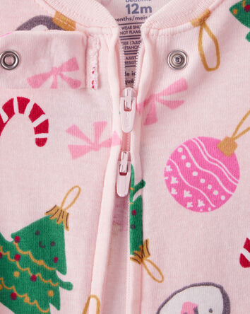 Toddler Girl Christmas Ornament Print 100% Cotton Long-Sleeve 2-Way Zip 1-Piece Pajamas - Pink, 