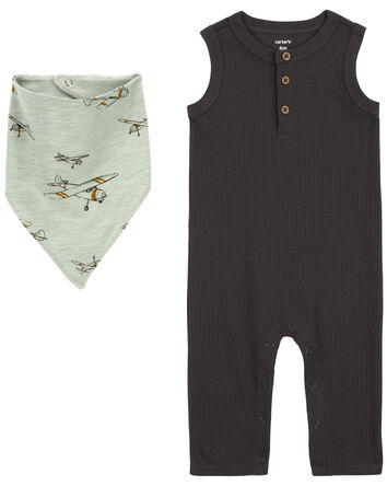 2-Piece Drop Needle Jumpsuit & Bandana Bib Set, 