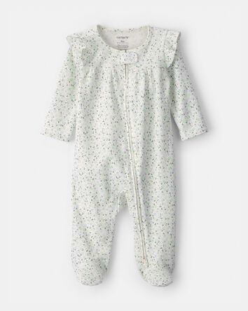 Baby Girl Floral 2-Way Zip 100% Cotton Sleep & Play Pajama - Green/Ivory, 