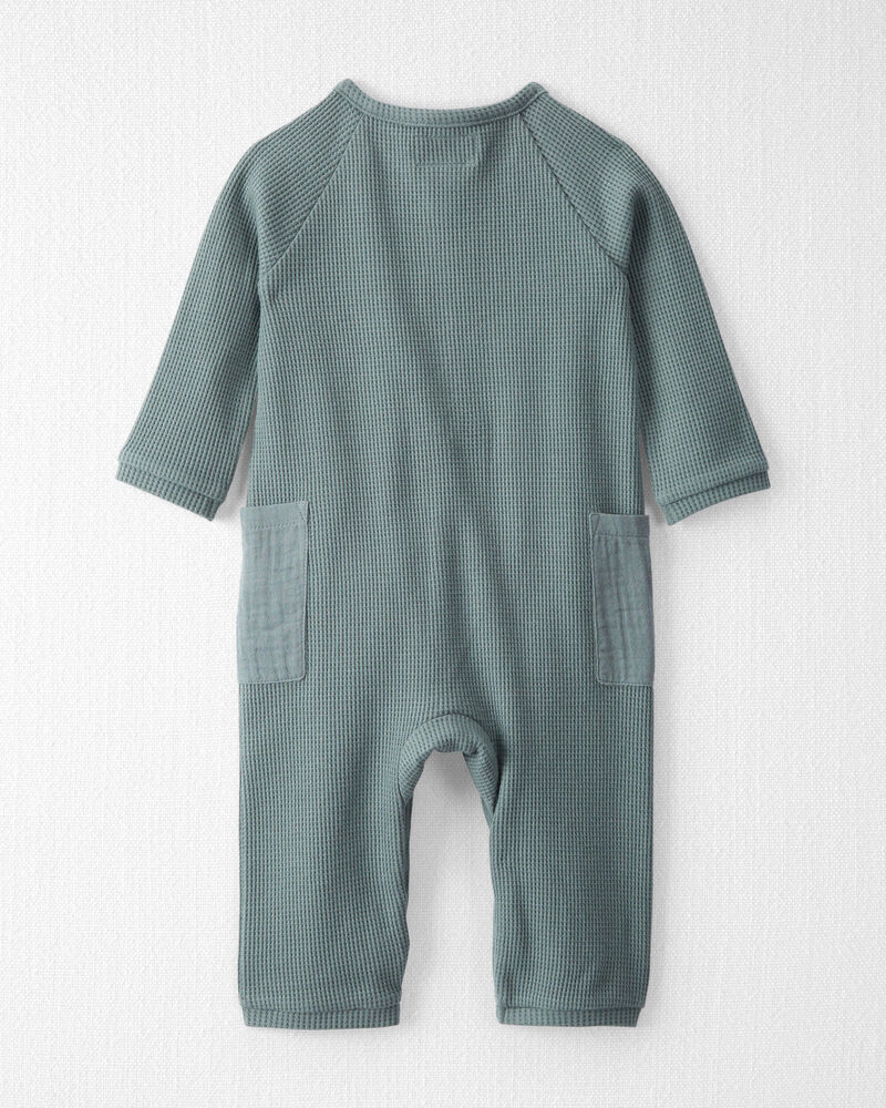 Baby Waffle Knit Button-Front Jumpsuit Made with Organic Cotton in Aqua Slate, image 3 of 5 slides